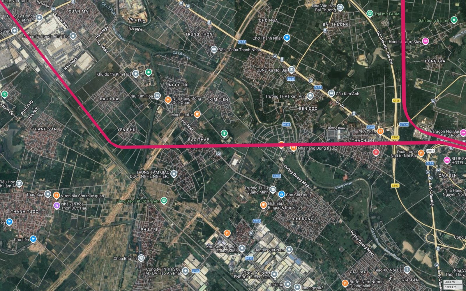 Bản đồ tuyến metro số 1 Hà Nội chạy theo hướng đông qua Bảo Tháp, Kim Tiến, Bến Cốc về phía ngã tư Nội Bài và Khu công nghiệp Quang Minh