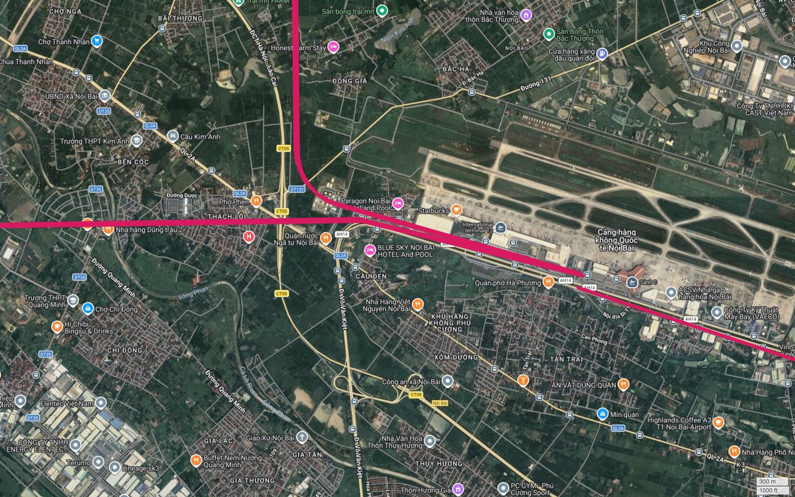 Tuyến metro số 1 Hà Nội chạy dọc đường Võ Nguyên Giáp AH14 vào nhà ga T2 Cảng hàng không quốc tế Nội Bài
