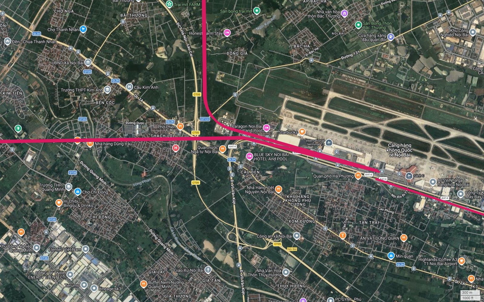 Bản đồ tuyến metro số 1 Hà Nội tại ngã tư Nội Bài, nơi hành lang tách ba hướng sân bay, Sóc Sơn và Phù Lỗ