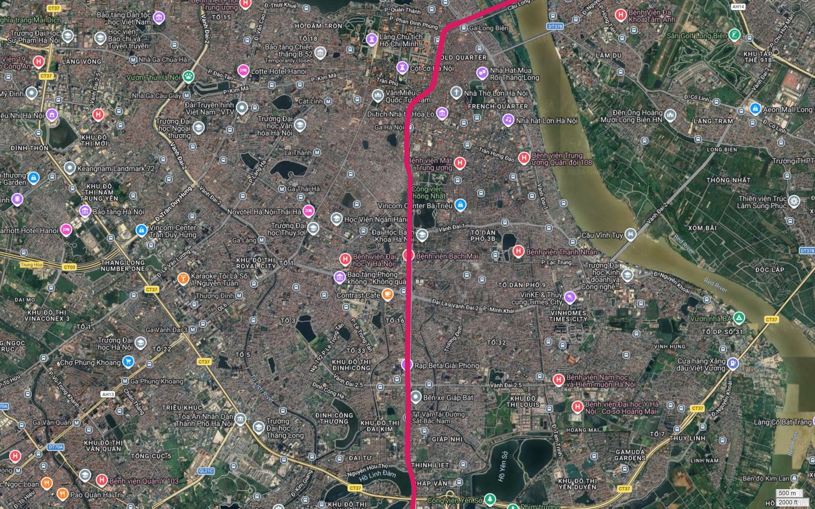 Bản đồ tuyến metro số 1 Hà Nội chạy dọc trục Lê Duẩn Giải Phóng qua Bệnh viện Bạch Mai, Bến xe Giáp Bát và Vành đai 2