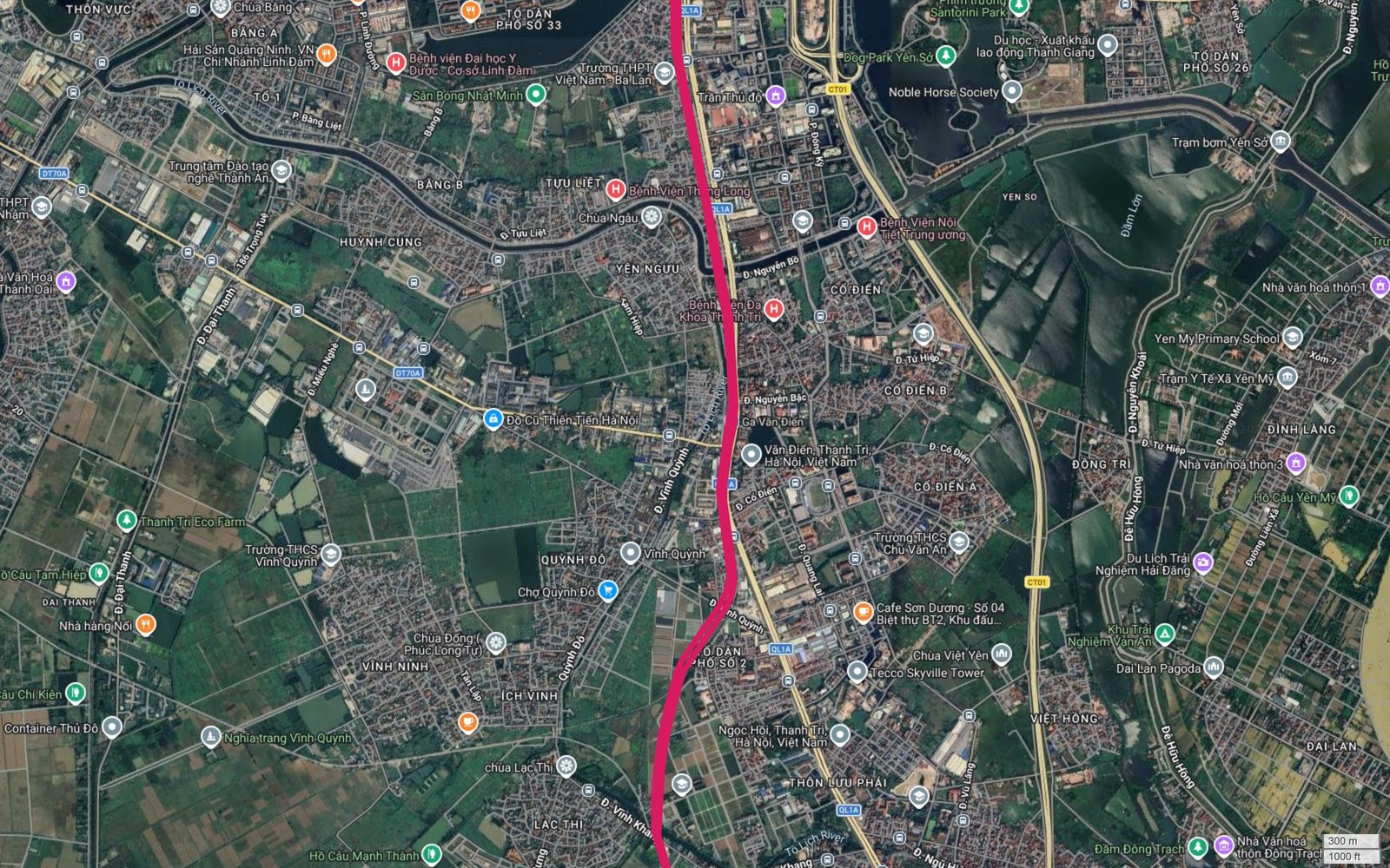 Bản đồ tuyến metro số 1 Hà Nội qua Văn Điển, Tứ Hiệp, Vĩnh Quỳnh, gần Bệnh viện Nội tiết Trung ương và Tecco Skyville Tower