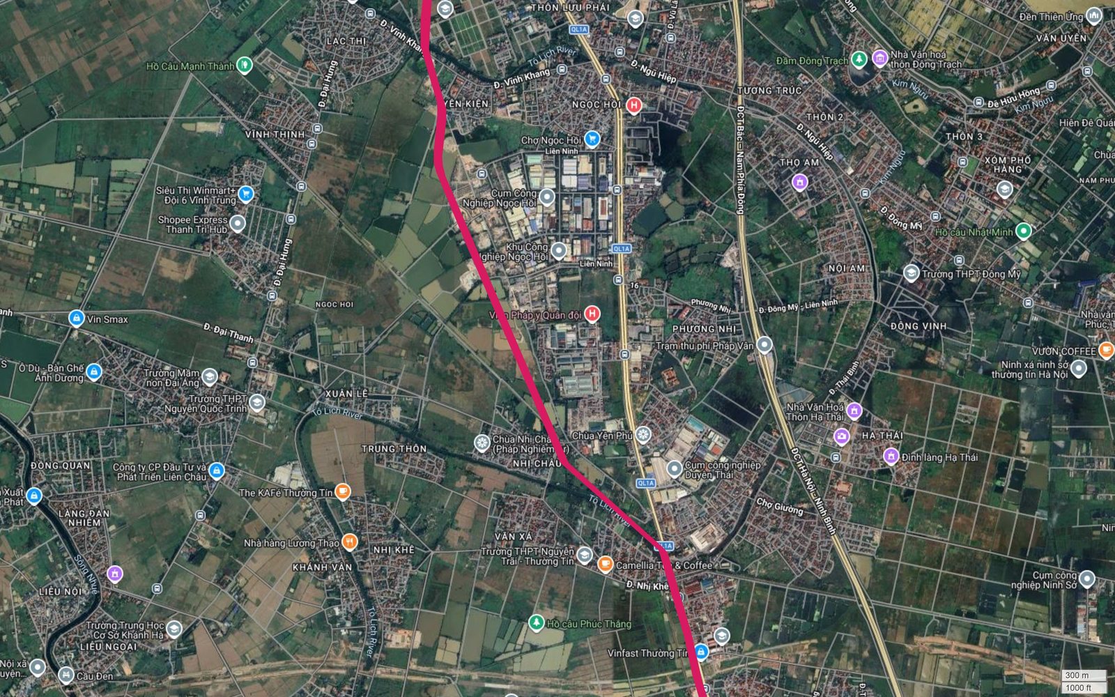 Bản đồ tuyến metro số 1 Hà Nội qua Ngọc Hồi, Liên Ninh, Nhị Khê, Duyên Thái với sông Tô Lịch chạy song song