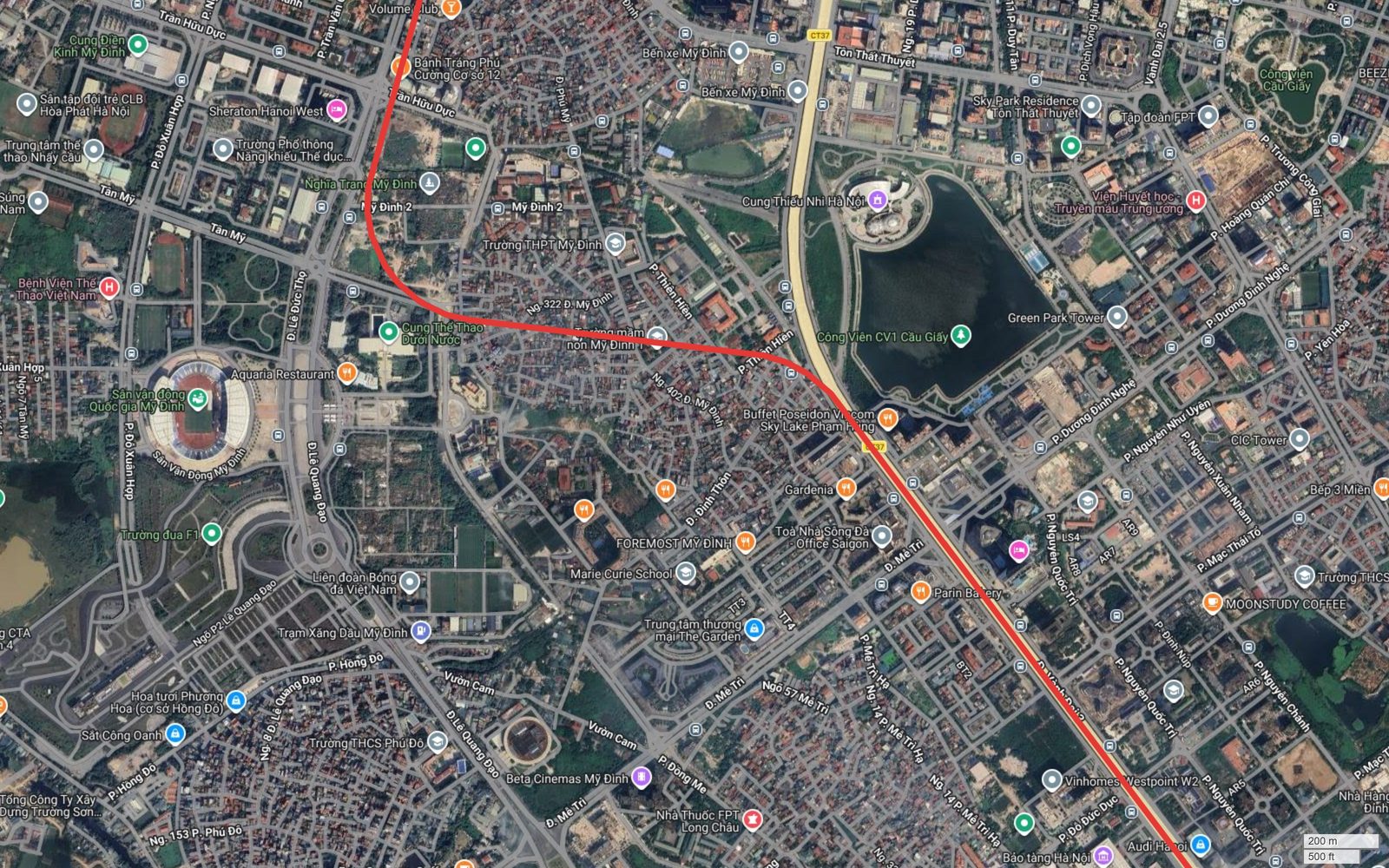 Bản đồ tuyến metro số 10 Hà Nội tại điểm khép vòng trên trục Phạm Hùng, khu Mỹ Đình – Mễ Trì với vạch đỏ tim tuyến