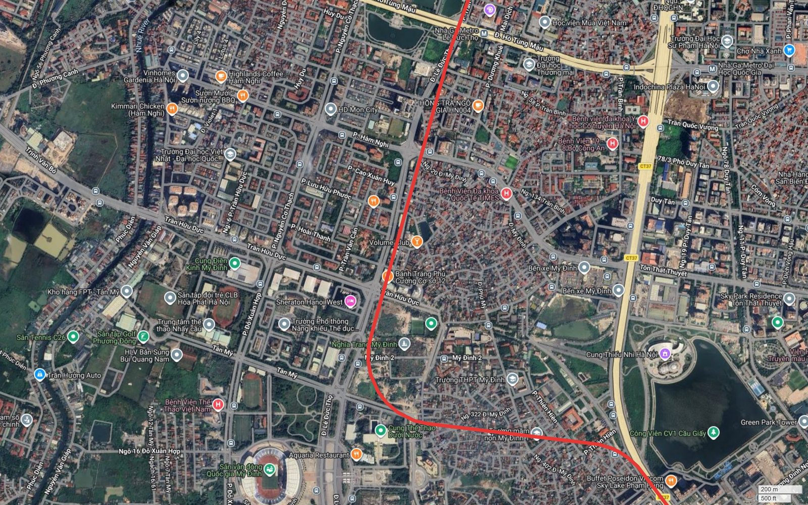 Tuyến metro số 10 Hà Nội chạy dọc đường Trần Hữu Dực qua khu Mỹ Đình 2, gần Sheraton Hanoi West và Bến xe Mỹ Đình