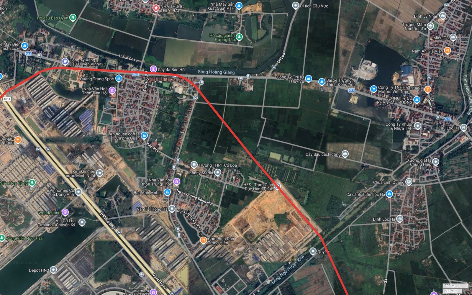 Bản đồ tuyến metro số 10 Hà Nội cắt qua đồng Đông Hội, gần Trung tâm Hội chợ Triển lãm Quốc gia và Depot HN3