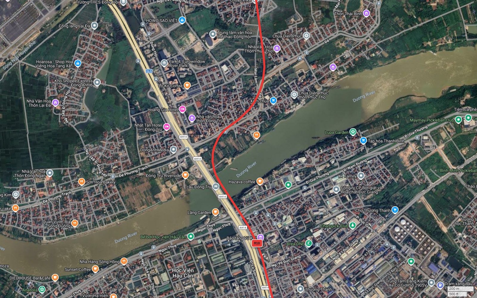 Bản đồ tuyến metro số 10 Hà Nội vượt sông Đuống ngay cạnh cầu Đông Trù, nơi nhãn định danh M10 hiện trên bản đồ