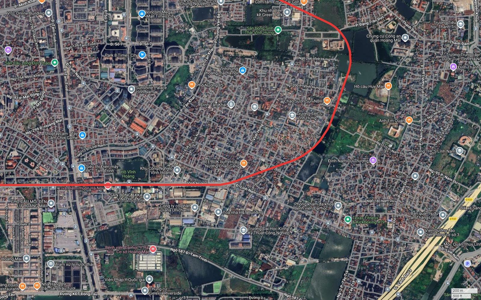 Bản đồ tuyến metro số 10 Hà Nội nhập trục Vành đai 2.5 tại Vĩnh Hoàng, gần Bệnh viện Đại học Y Hà Nội cơ sở Hoàng Mai