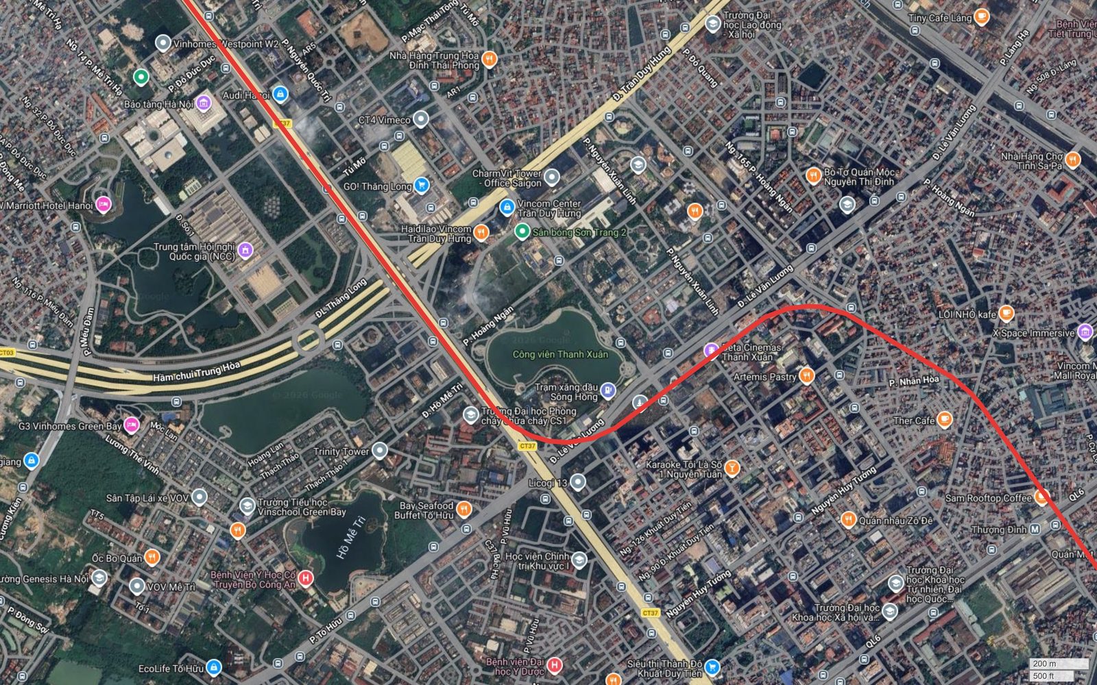 Bản đồ tuyến metro số 10 Hà Nội nhập lại trục Vành đai 3 tại Trung Hòa, gần Hàm chui Trung Hòa và Đại lộ Thăng Long