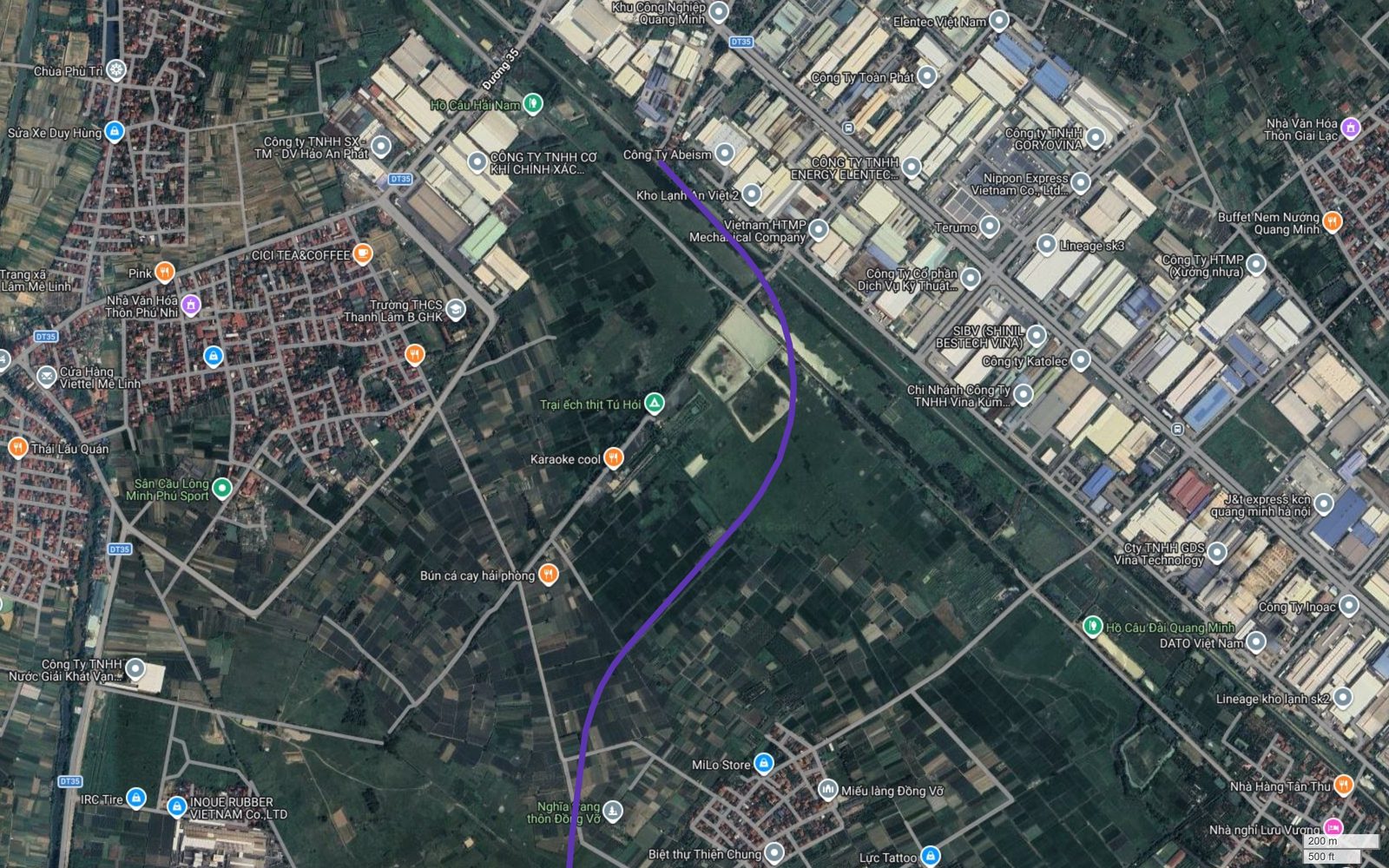 Bản đồ tuyến metro số 14 Hà Nội tại điểm đầu bên Khu công nghiệp Quang Minh, Mê Linh với vạch tím chạy dọc mép tây khu công nghiệp