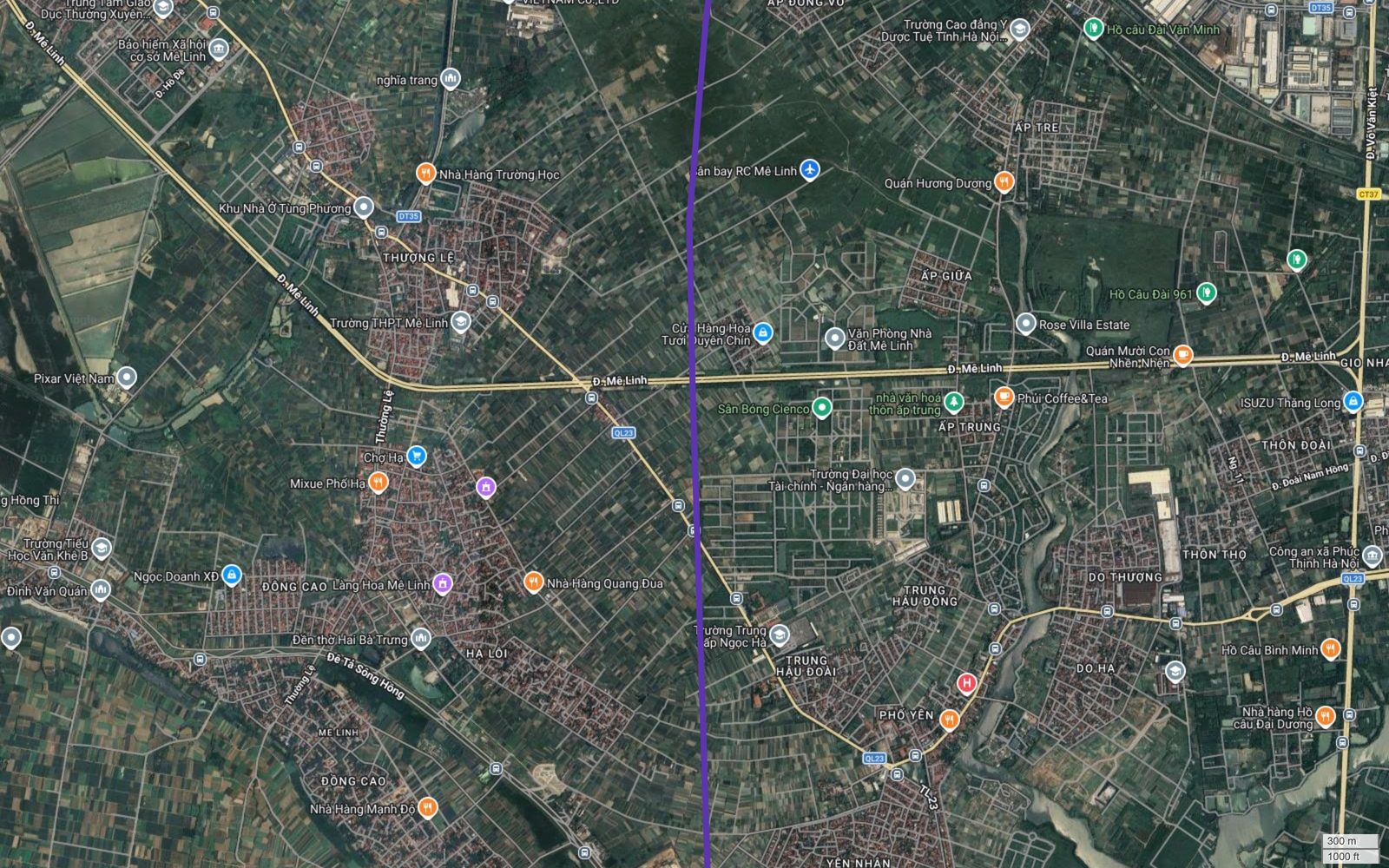 Bản đồ tuyến metro số 14 Hà Nội cắt qua đường Mê Linh và Quốc lộ 23 tại khu vực Ấp Trung, gần Làng hoa Mê Linh và Đền thờ Hai Bà Trưng