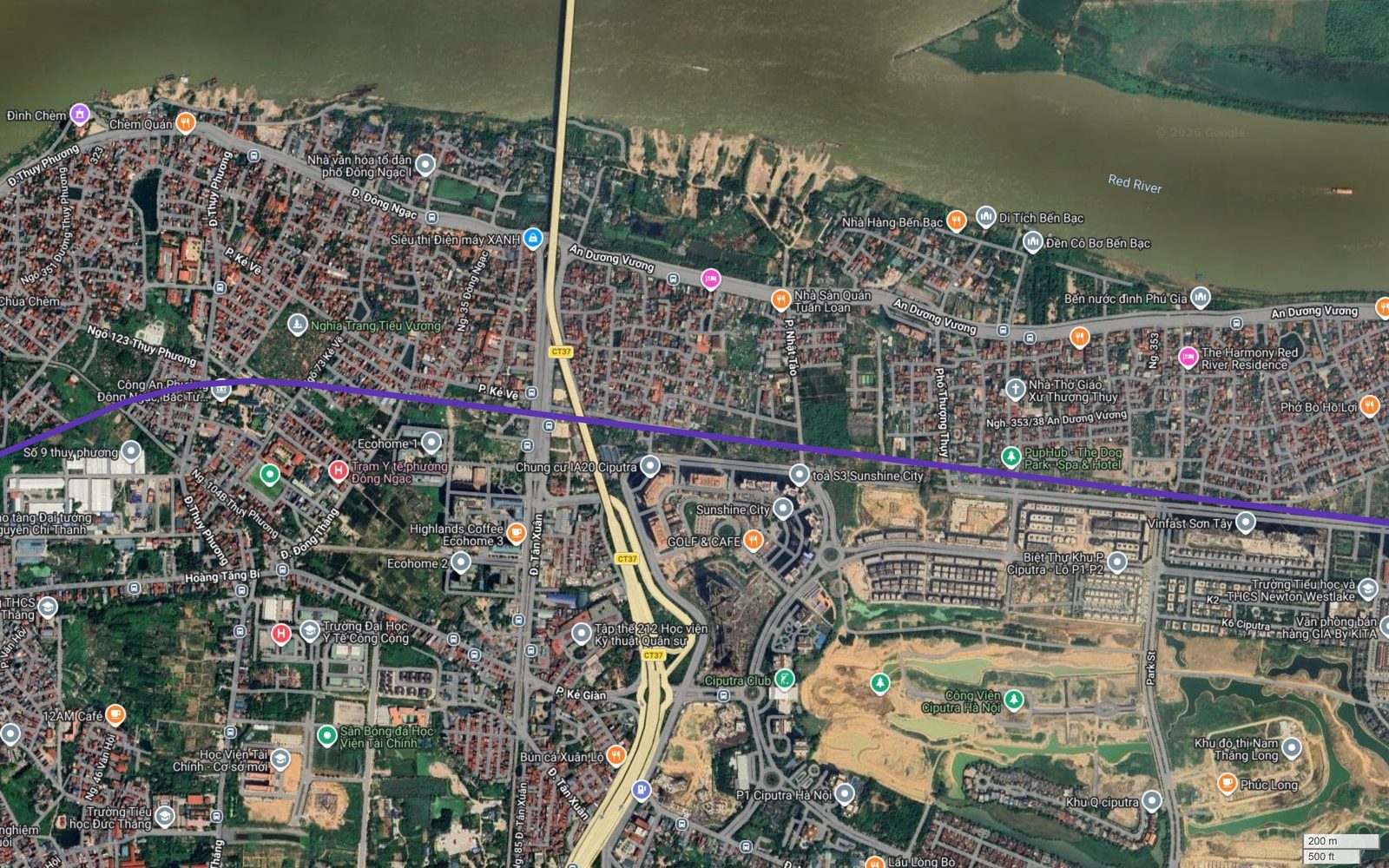 Bản đồ tuyến metro số 14 Hà Nội cắt Vành đai 3 tại đường dẫn cầu Thăng Long, đi qua Sunshine City và Khu đô thị Nam Thăng Long Ciputra