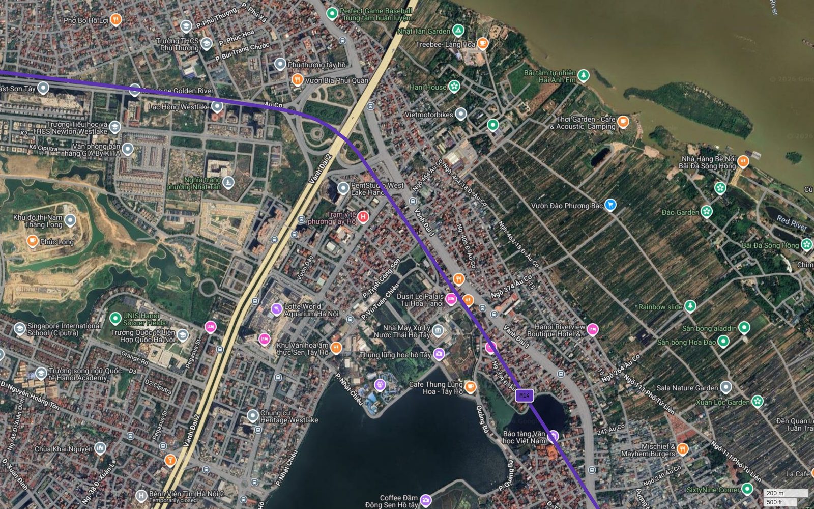 Bản đồ tuyến metro số 14 Hà Nội chạy dọc Âu Cơ qua Quảng Bá, Tứ Liên, giữa Hồ Tây và bãi đào Nhật Tân