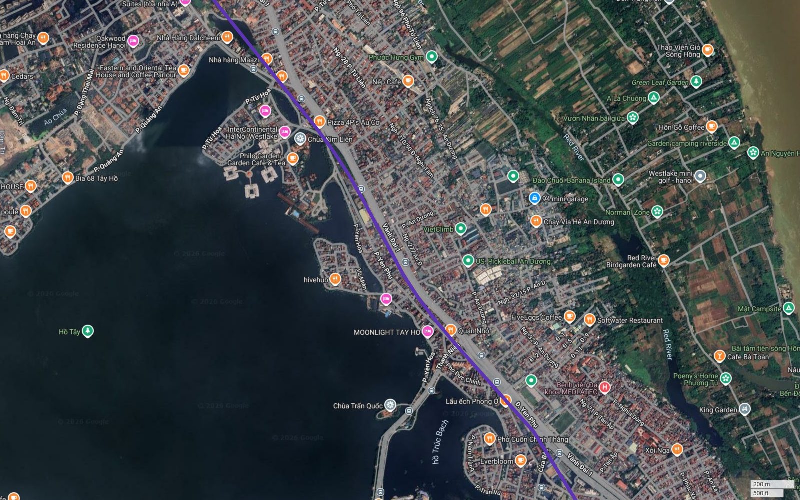 Bản đồ tuyến metro số 14 Hà Nội chạy dọc đường Yên Phụ, qua hồ Trúc Bạch, Chùa Trấn Quốc và khu An Dương