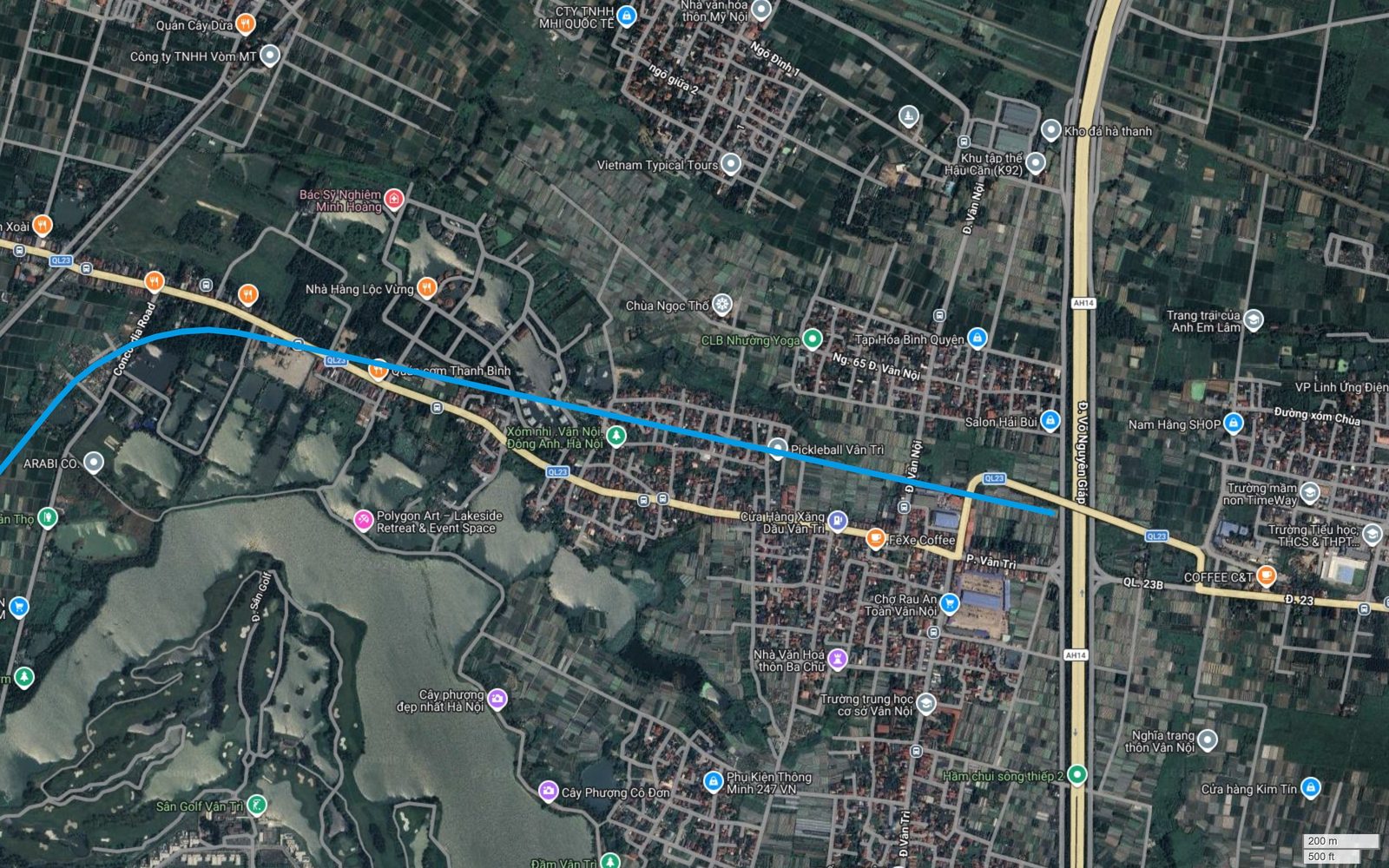 Bản đồ tuyến metro số 15 Hà Nội tại điểm đầu khu Vân Trì, Vân Nội, Đông Anh, vạch xanh dương chạy dọc Quốc lộ 23 và dừng ở đường Võ Nguyên Giáp