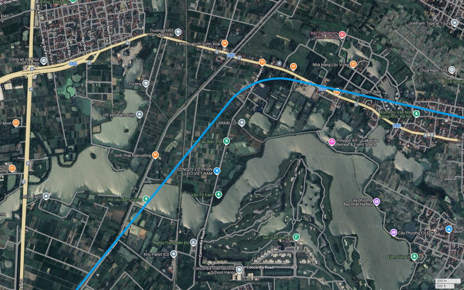 Tuyến metro số 15 Hà Nội đoạn Vân Trì cắt chéo vùng đầm và ruộng, đi gần Sân Golf Vân Trì và Concordia International School Hanoi
