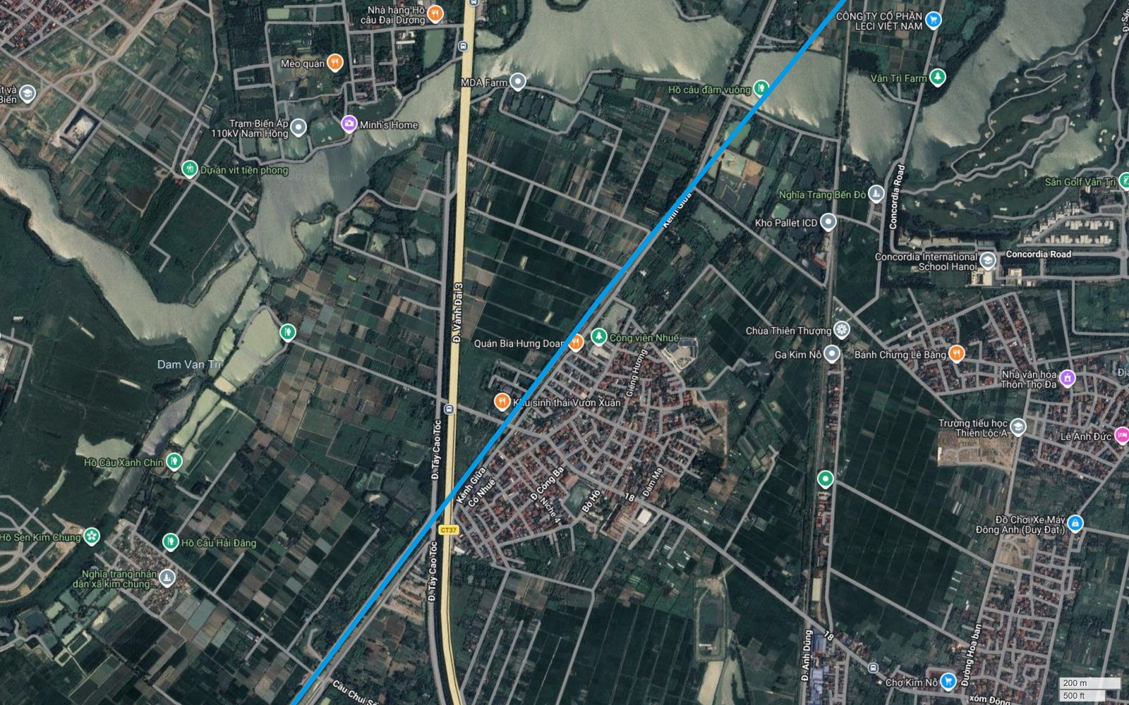 Bản đồ tuyến metro số 15 Hà Nội cắt qua đường Vành Đai 3 và cao tốc Tây Cao Tốc CT37 tại khu Kim Nỗ, gần Ga Kim Nỗ