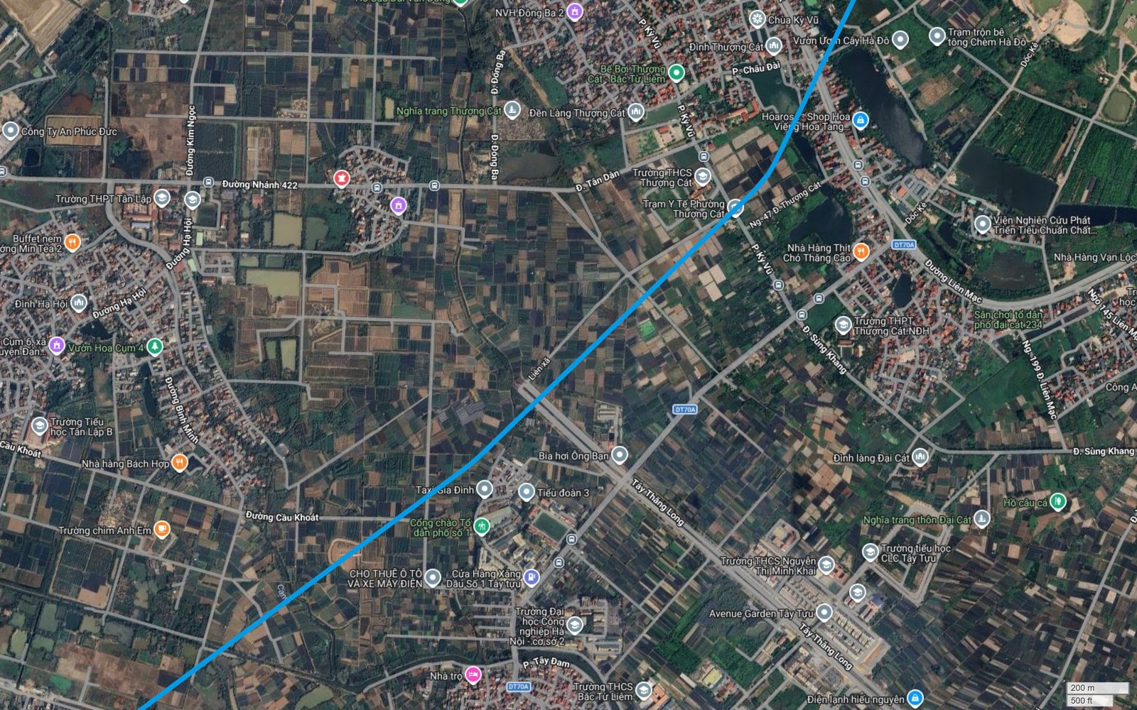 Bản đồ tuyến metro số 15 Hà Nội cắt đường Tây Thăng Long tại khu Đại Cát, đi qua vùng làng hoa Tây Tựu và Trường Đại học Công nghiệp Hà Nội cơ sở 2