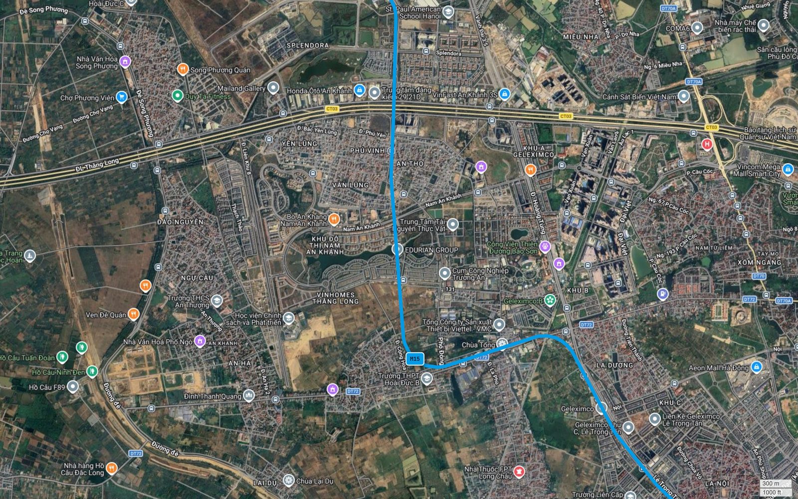 Bản đồ tuyến metro số 15 Hà Nội bẻ chín mươi độ tại Ngãi Cầu, An Khánh, chuyển từ hướng nam sang hướng đông theo trục DT72