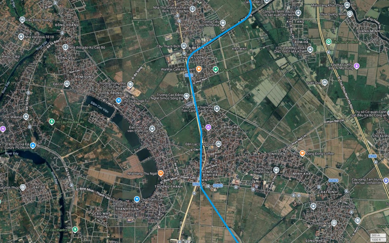 Bản đồ tuyến metro số 15 Hà Nội đi qua Bình Đà, Thanh Cao, Cao Viên thuộc Thanh Oai, với sông Đáy uốn khúc ở rìa tây khung hình