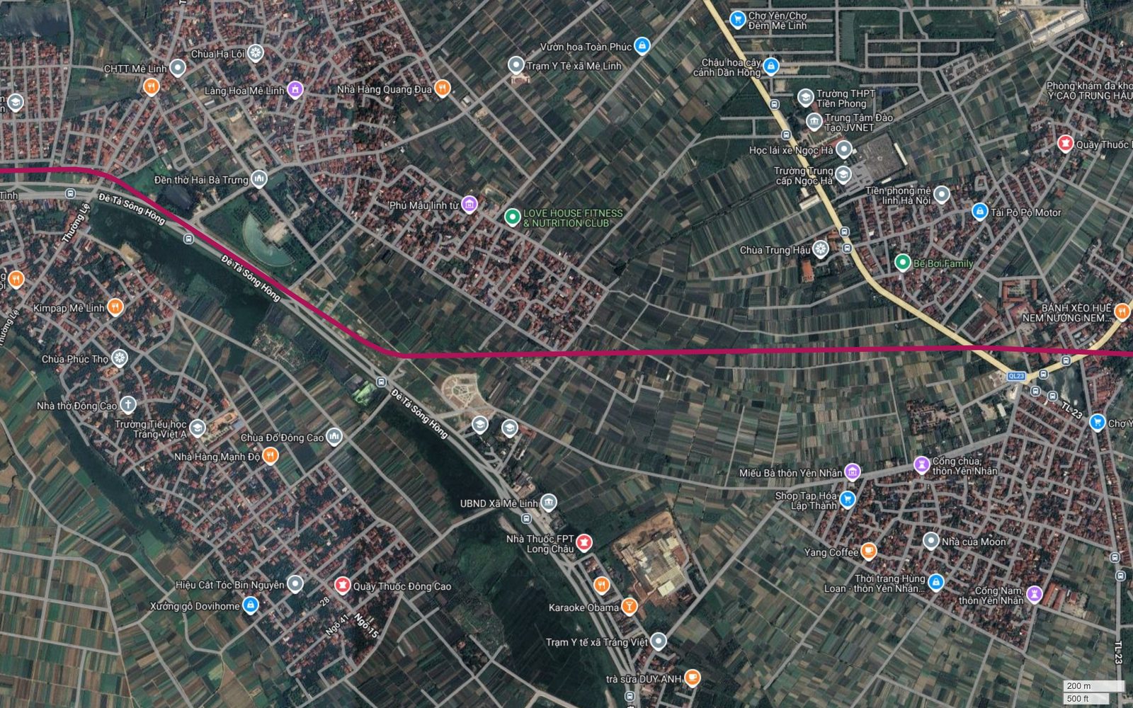 Bản đồ tuyến metro số 18 Hà Nội rời trục đê, cắt chéo vùng canh tác Yên Nhân để tiến về Quốc lộ 23 tại Tiền Phong
