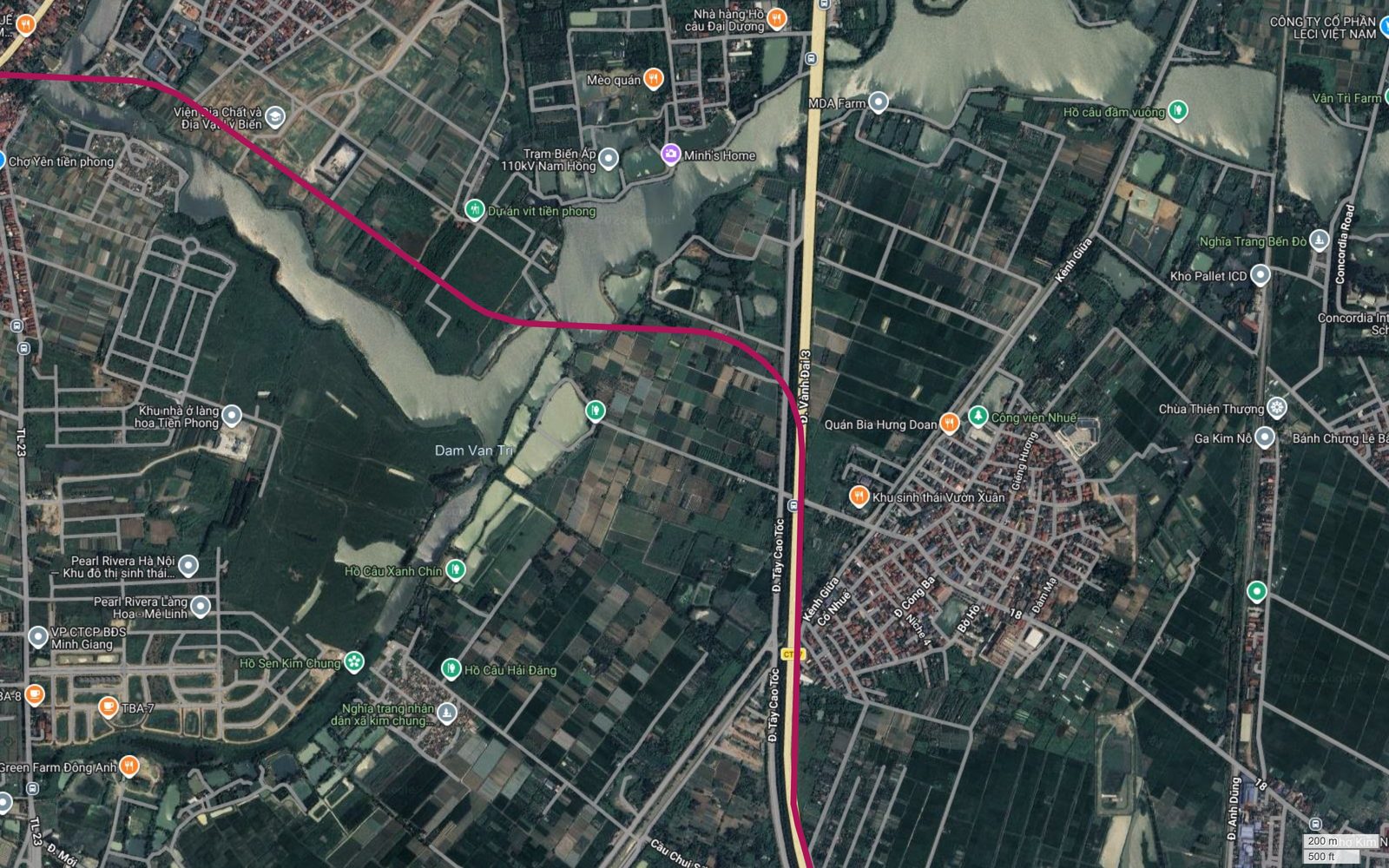 Bản đồ tuyến metro số 18 Hà Nội bám trục Tây Cao Tốc xuống nam, đi gần Ga Kim Nỗ và Concordia International School Hanoi