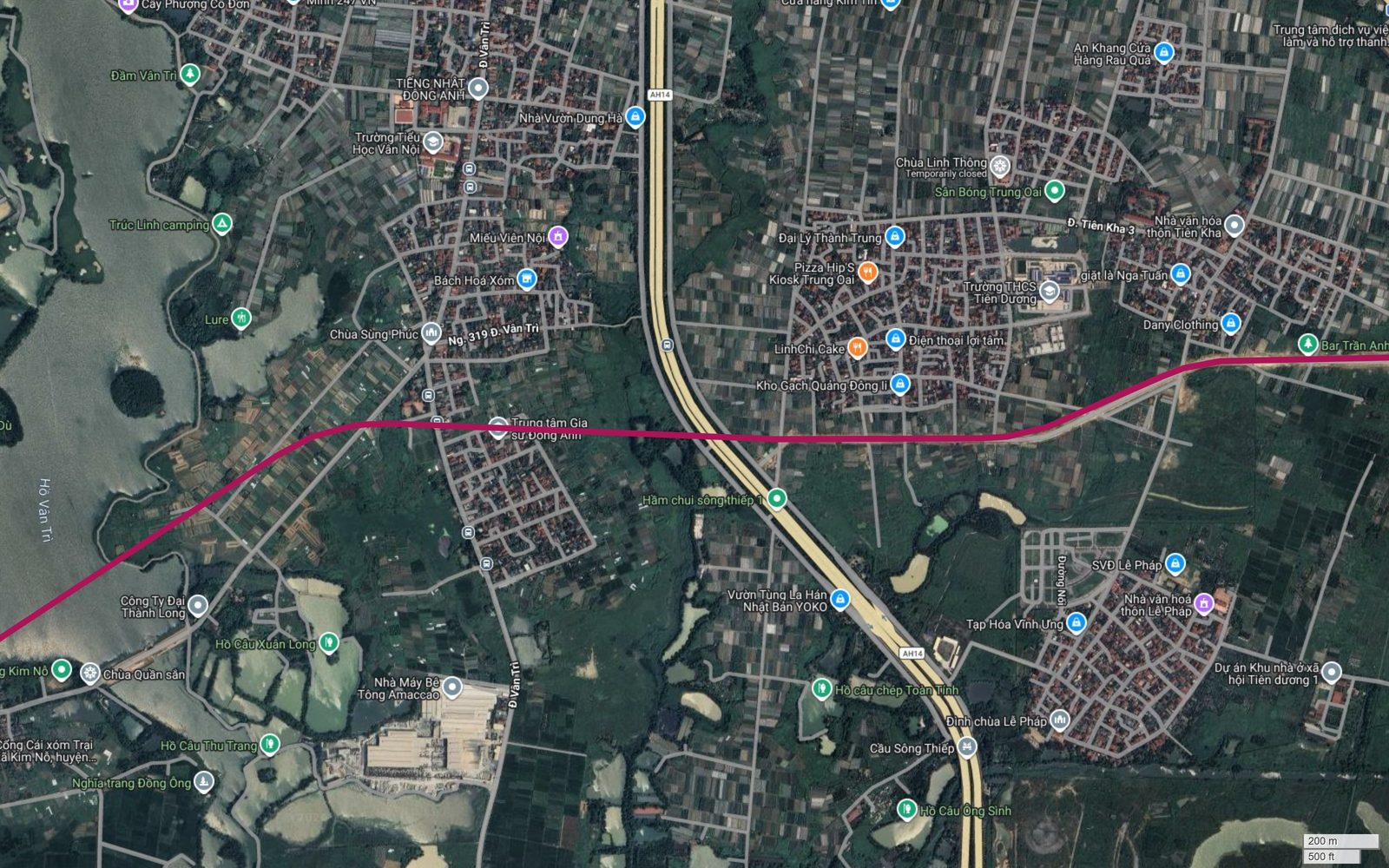 Tuyến metro số 18 Hà Nội cắt trục cao tốc AH14 tại Tiên Dương, Đông Anh, gần Trường THCS Tiên Dương và Cầu Sông Thiếp