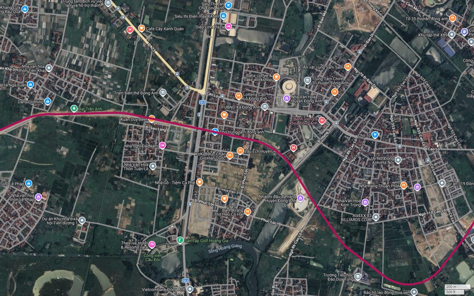 Bản đồ tuyến metro số 18 Hà Nội cắt chéo lõi thị trấn Đông Anh rồi bẻ xuống nam qua khu Uy Nỗ và Cổ Loa