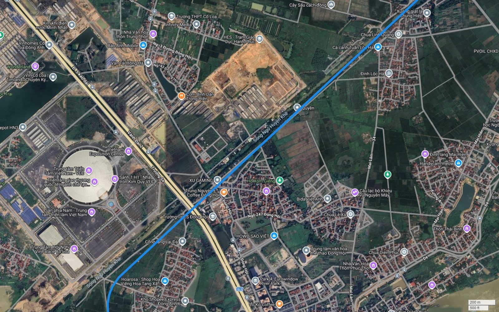 Bản đồ tuyến metro số 2 Hà Nội đi qua khu vực Trung tâm Triển lãm Việt Nam VEC, Vinhomes Cổ Loa và Depot HN3 tại Đông Anh