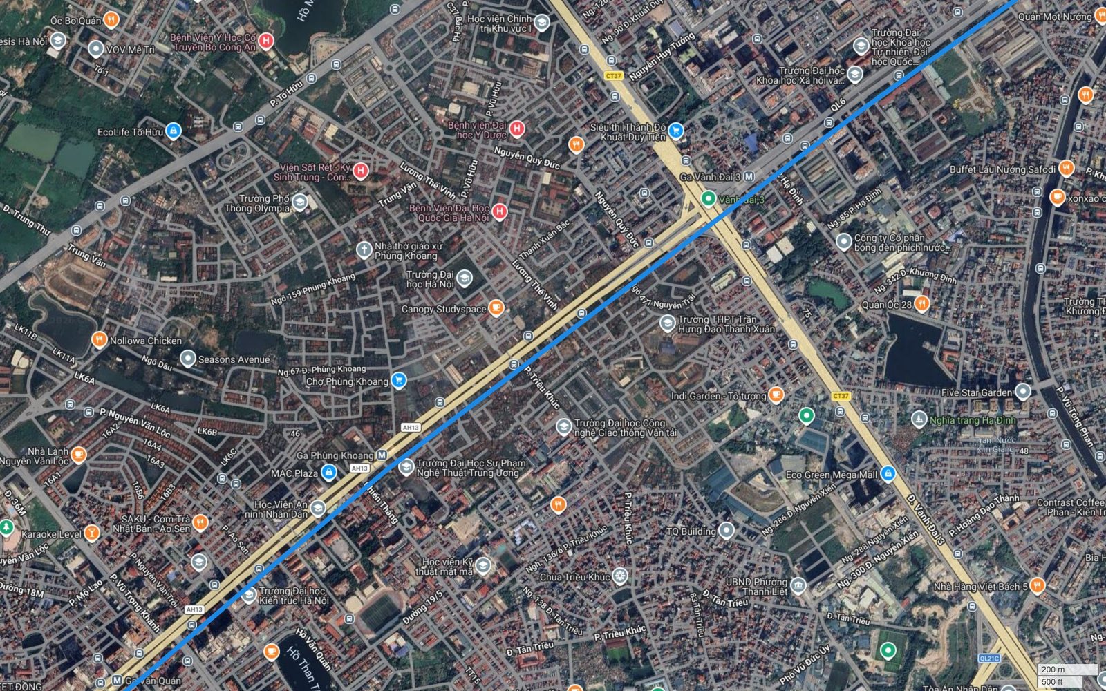 Tuyến metro số 2 Hà Nội chạy dọc trục Nguyễn Trãi qua Phùng Khoang, Seasons Avenue, MAC Plaza và cụm trường đại học Thanh Xuân