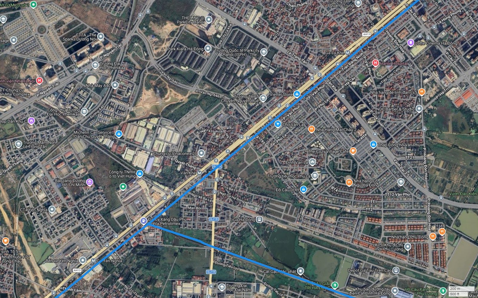 Bản đồ tuyến metro số 2 Hà Nội tại điểm phân nhánh Ba La Yên Nghĩa, một nhánh theo Quốc lộ 6, một nhánh về depot Cát Linh Hà Đông