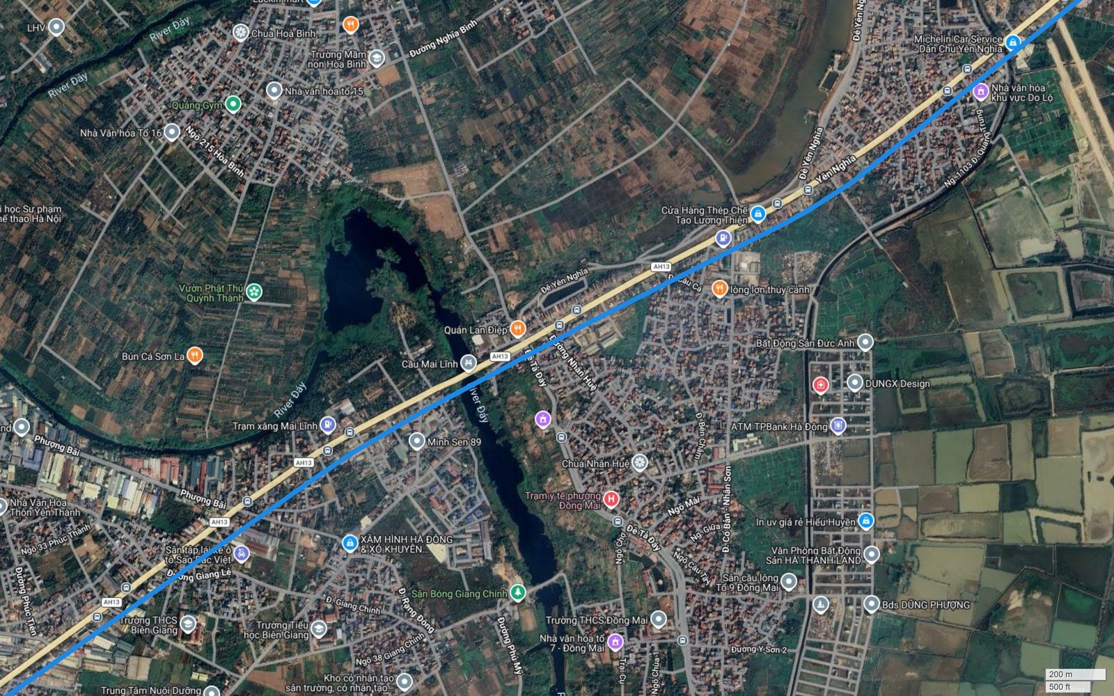 Bản đồ tuyến metro số 2 Hà Nội vượt sông Đáy tại cầu Mai Lĩnh giữa Yên Nghĩa và Đồng Mai, đi vào địa bàn Biên Giang