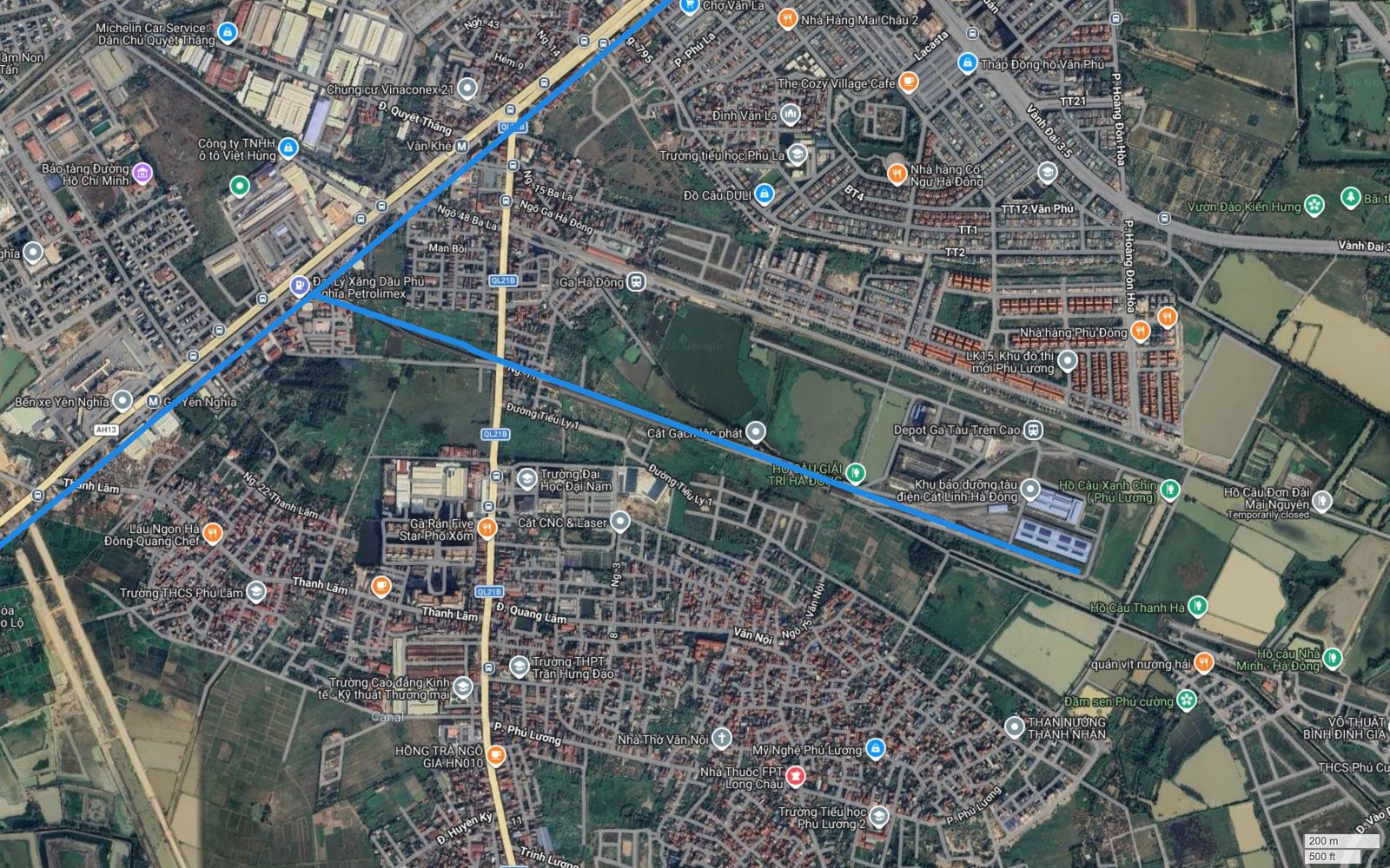 Bản đồ nhánh phụ tuyến metro số 2 Hà Nội từ nút Ba La chạy về khu bảo dưỡng tàu điện Cát Linh Hà Đông tại Phú Lương