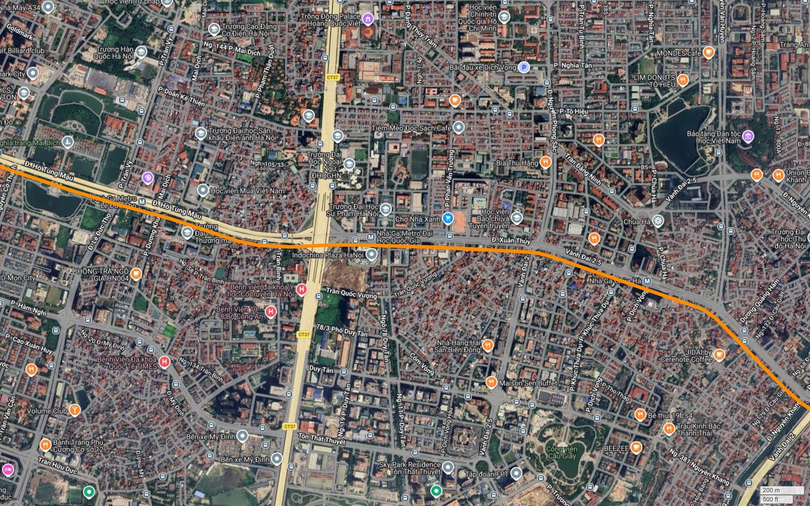 Bản đồ tuyến metro số 3 Hà Nội chạy dọc đường Xuân Thủy qua Đại học Quốc gia, Đại học Sư phạm Hà Nội và Indochina Plaza