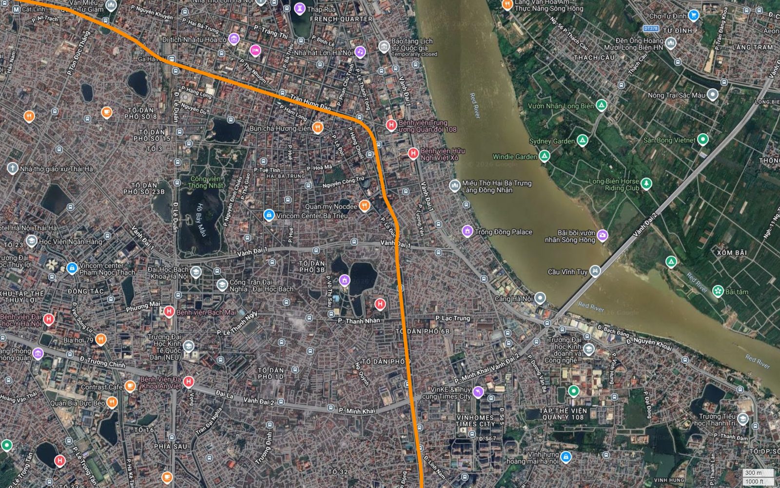 Tuyến metro số 3 Hà Nội đi xuống nam qua Lò Đúc, cắt Vành đai 2 tại Minh Khai và đi sát Vinhomes Times City