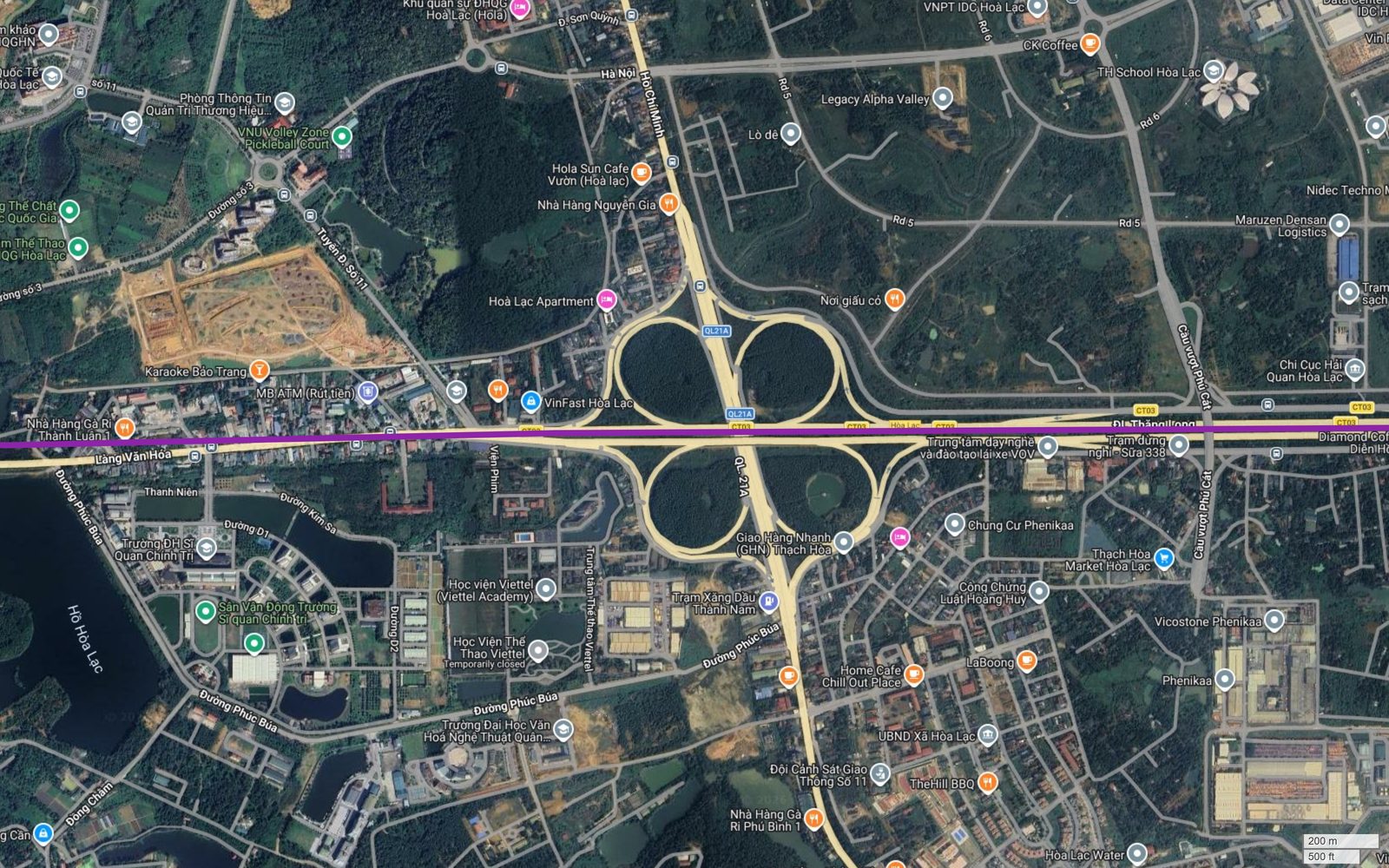 Bản đồ tuyến metro số 5 Hà Nội cắt qua nút giao hoa thị giữa Đại lộ Thăng Long với Quốc lộ 21A và đường Hồ Chí Minh tại Hòa Lạc