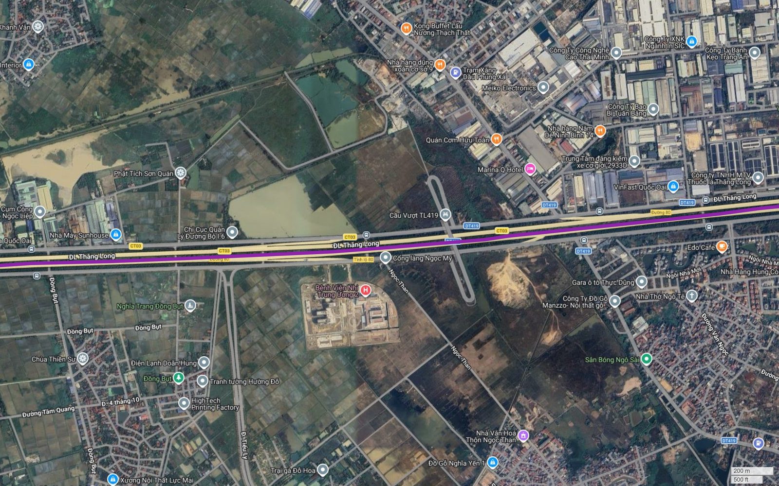 Bản đồ tuyến metro số 5 Hà Nội cắt tỉnh lộ ĐT419 tại cầu vượt Quốc Oai, gần Meiko Electronics và VinFast Quốc Oai