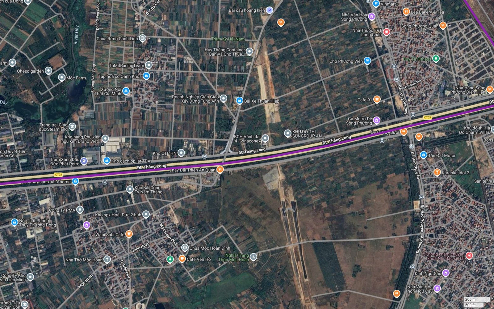 Bản đồ tuyến metro số 5 Hà Nội cắt công trường Vành đai 4 Hà Nội tại Song Phương trên Đại lộ Thăng Long