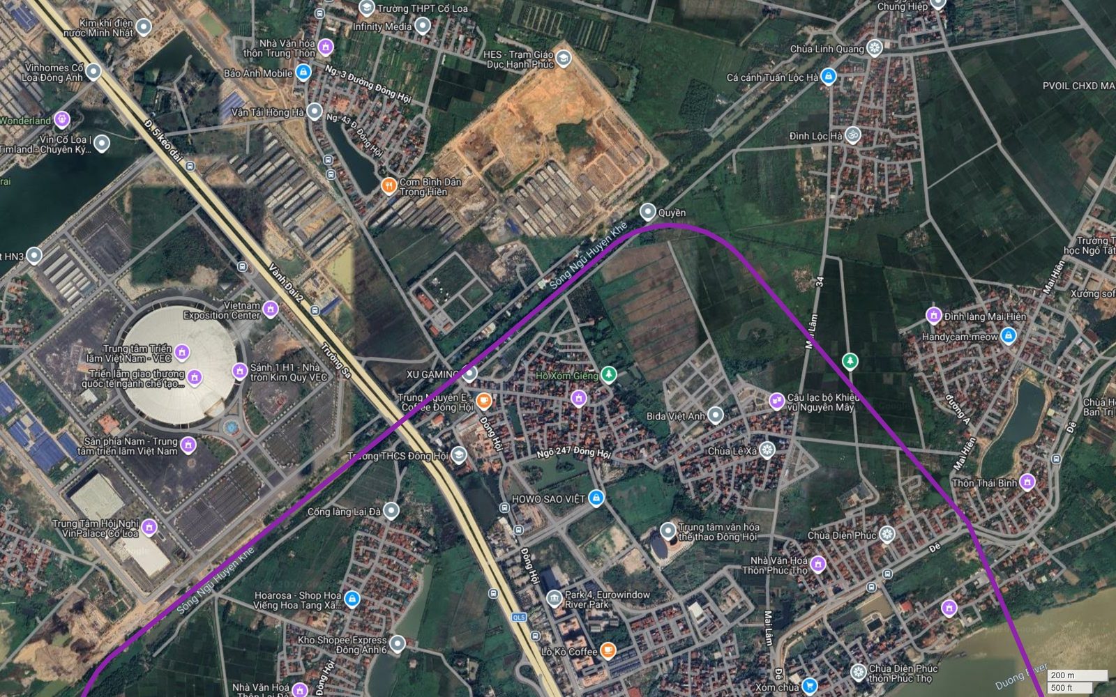 Tuyến metro số 5 Hà Nội đạt điểm cực bắc tại Đông Hội rồi bẻ xuống đông nam qua Mai Lâm, cắt Vành đai 2