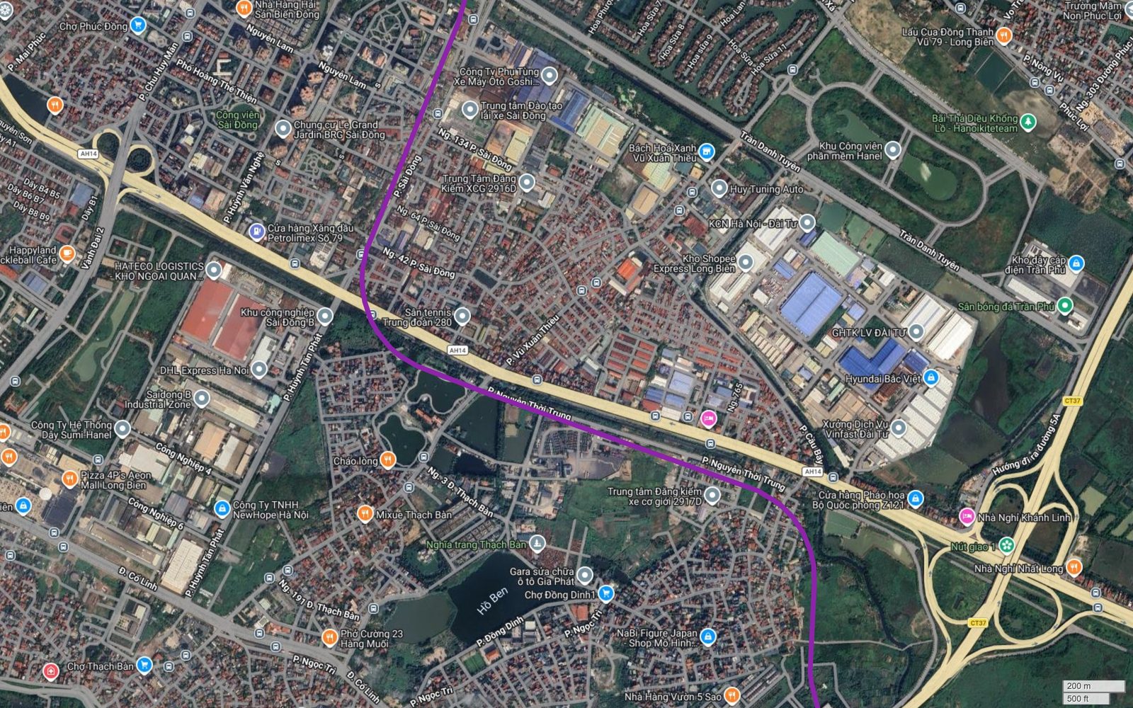 Bản đồ tuyến metro số 5 Hà Nội cắt trục Nguyễn Văn Linh AH14 tại Thạch Bàn, gần Khu công nghiệp Sài Đồng B