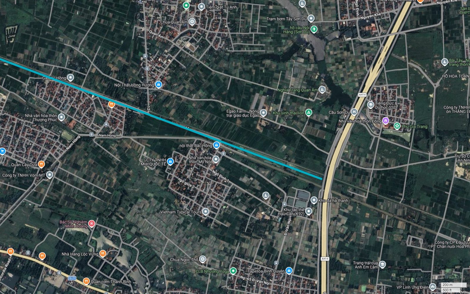 Bản đồ tuyến metro số 6 Hà Nội tại điểm đầu khu Sơn Du, Nguyên Khê, Đông Anh, vạch xanh ngọc kết thúc cạnh cầu Sơn Du trên trục AH14