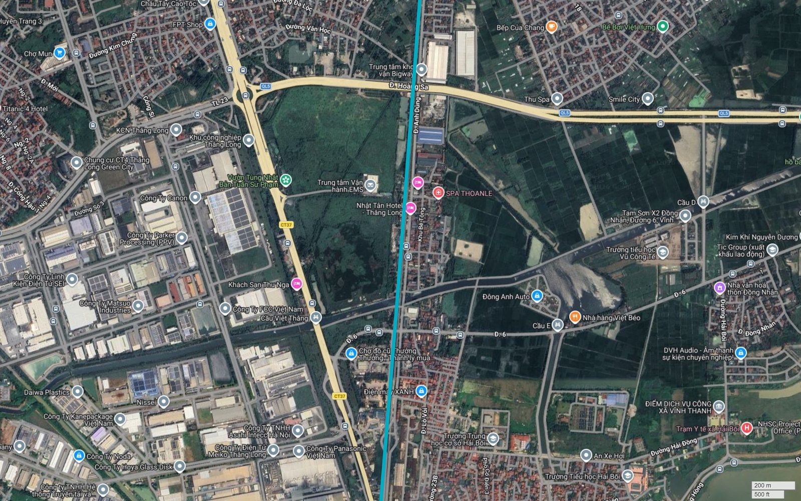 Bản đồ tuyến metro số 6 Hà Nội cắt Quốc lộ 5 kéo dài đường Hoàng Sa, chạy cạnh Khu công nghiệp Thăng Long với các nhà máy Canon, Panasonic