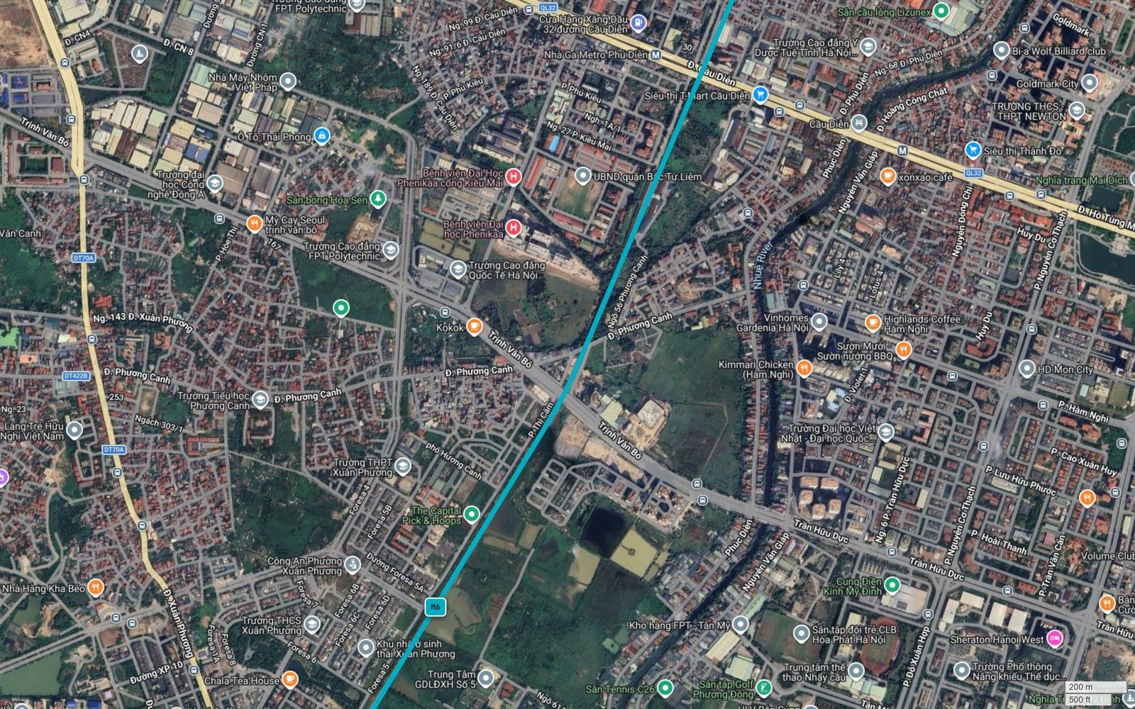 Bản đồ tuyến metro số 6 Hà Nội xuyên khu Xuân Phương, cắt trục Trịnh Văn Bô và Phương Canh, nhãn M6 hiện trên tim tuyến