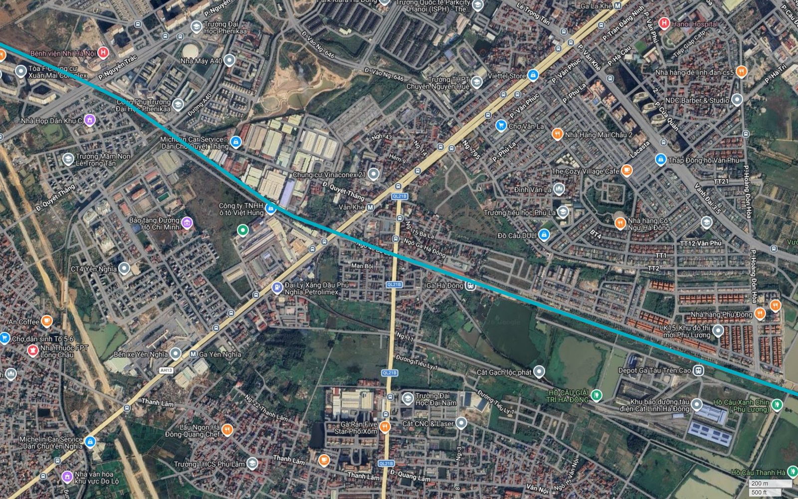Bản đồ tuyến metro số 6 Hà Nội đi sát Ga Hà Đông của tuyến metro 2A Cát Linh - Hà Đông, cắt Quốc lộ 21B tại Văn Khê