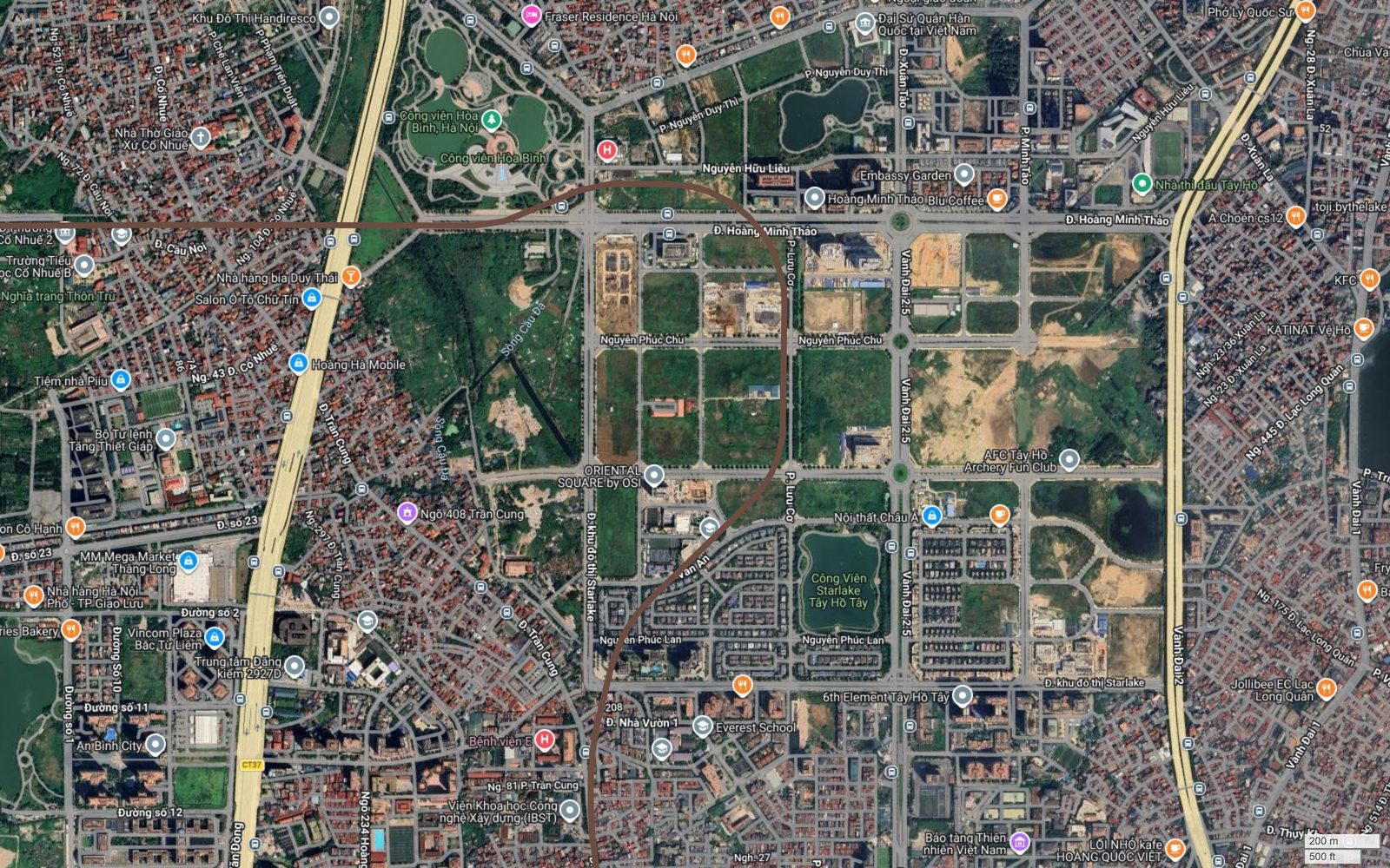 Bản đồ tuyến metro số 7 Hà Nội bẻ vuông góc xuống nam giữa khu đô thị Starlake Tây Hồ Tây, cạnh Công viên Starlake và 6th Element
