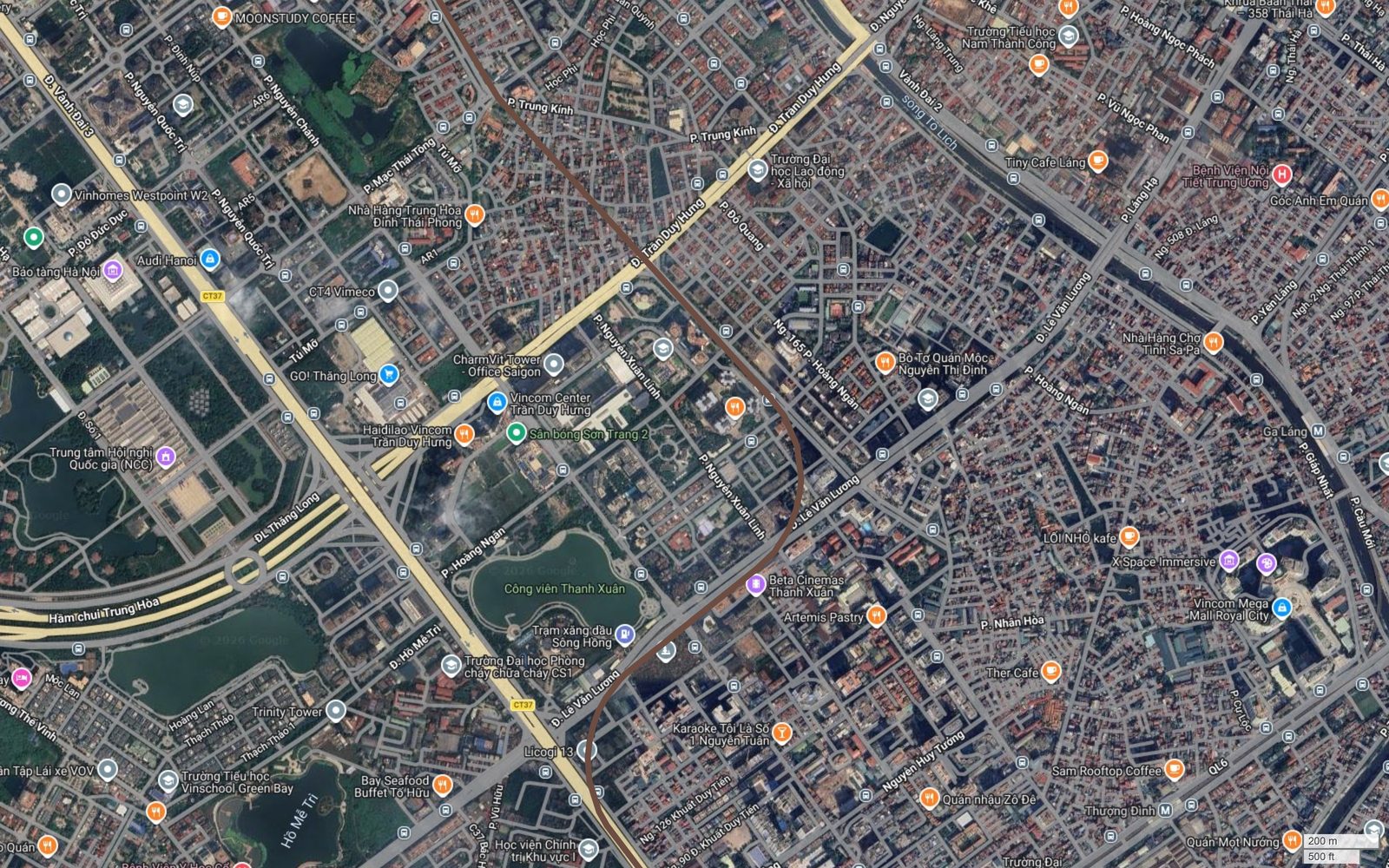 Bản đồ tuyến metro số 7 Hà Nội cắt Trần Duy Hưng gần Vincom Center, đi qua Công viên Thanh Xuân và trục Lê Văn Lương