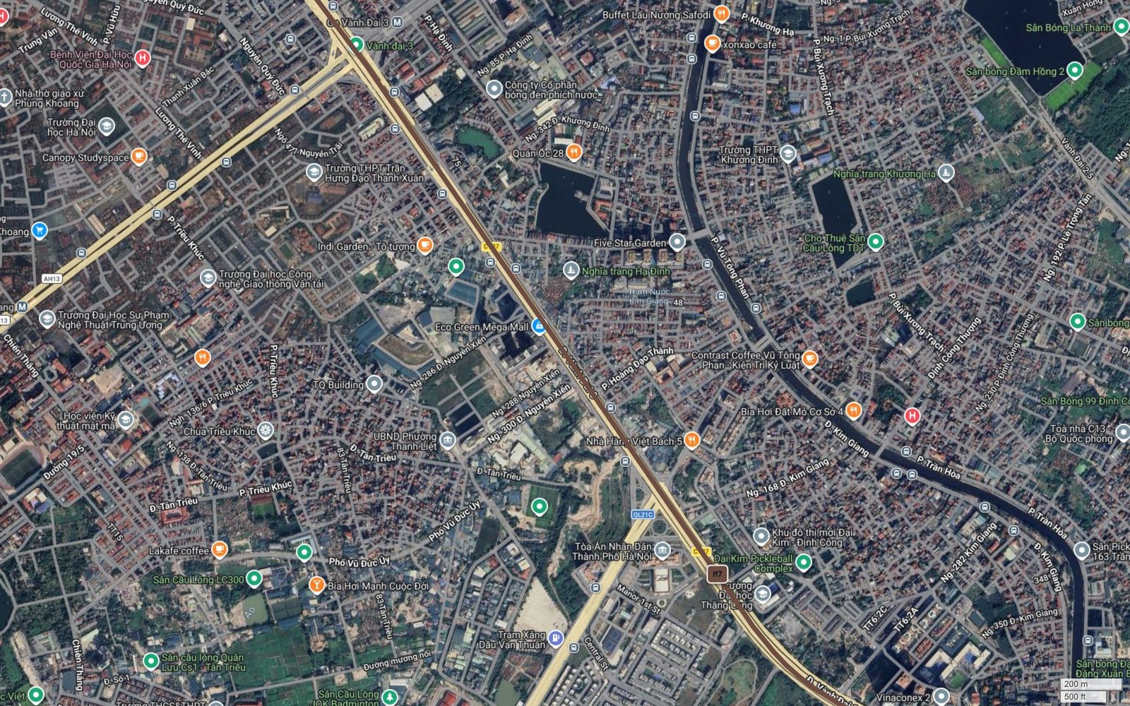 Bản đồ tuyến metro số 7 Hà Nội chạy dọc Nguyễn Xiển thuộc Vành đai 3 qua Thanh Liệt và Đại Kim, hiện rõ nhãn M7