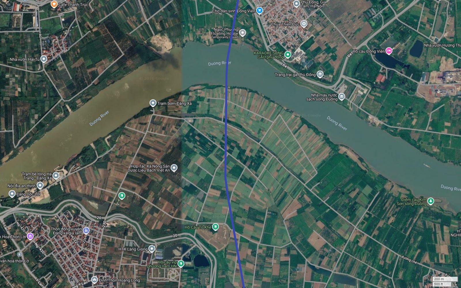 Tuyến metro số 9 Hà Nội vượt sông Đuống tại đoạn giữa Phù Đổng và Đặng Xá, cắt qua bãi giữa canh tác