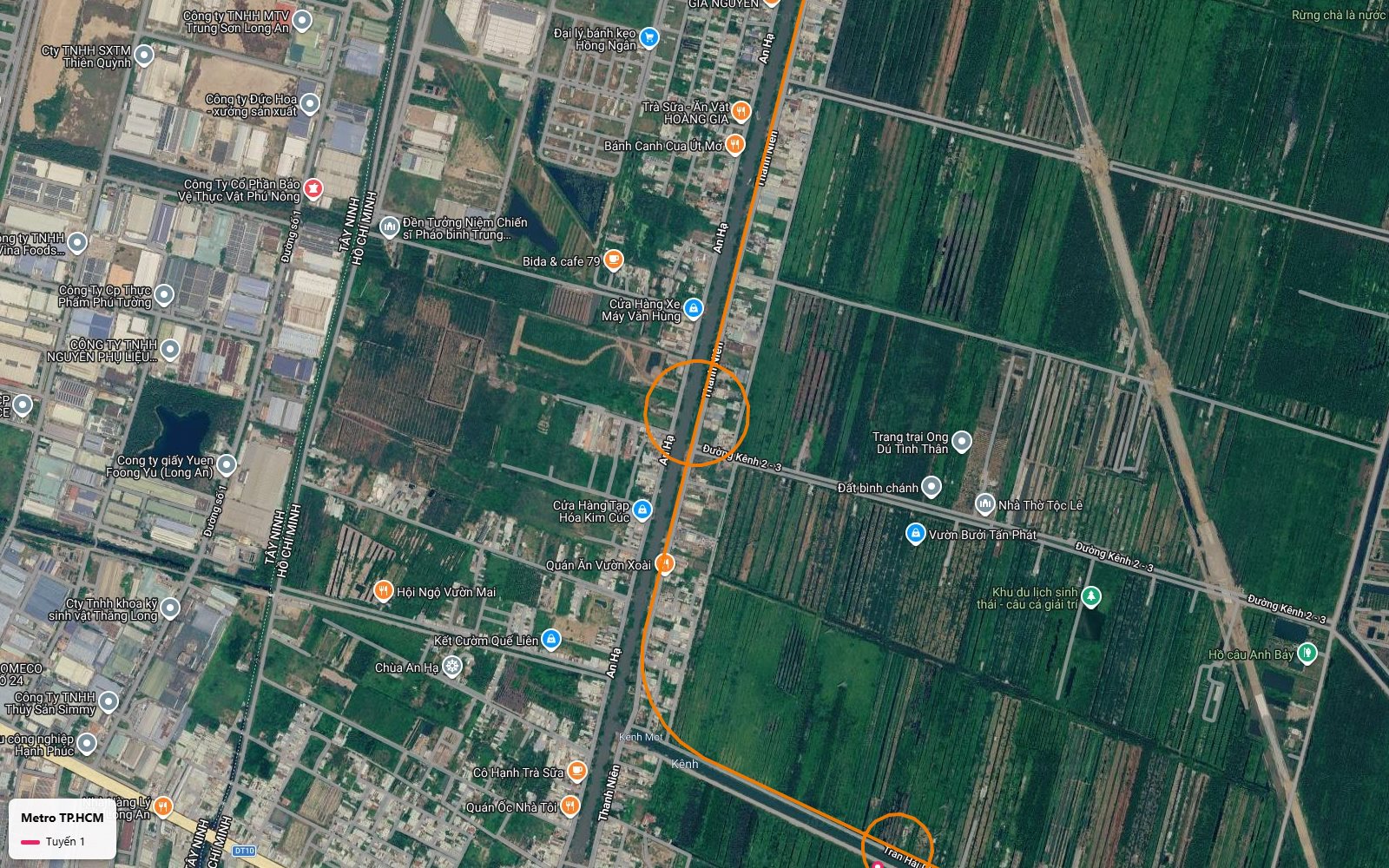 Ga trung chuyển của tuyến metro số 1 trên trục Thanh Niên An Hạ nhìn từ ảnh vệ tinh huyện Bình Chánh