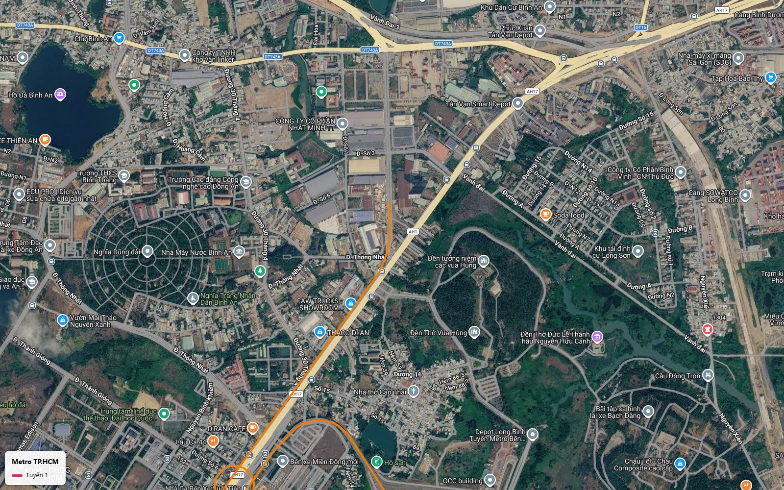 Đoạn kéo dài tuyến metro số 1 qua Dĩ An hướng Tân Vạn Bình Dương gần Vành Đai 3 và cảng Bình Dương