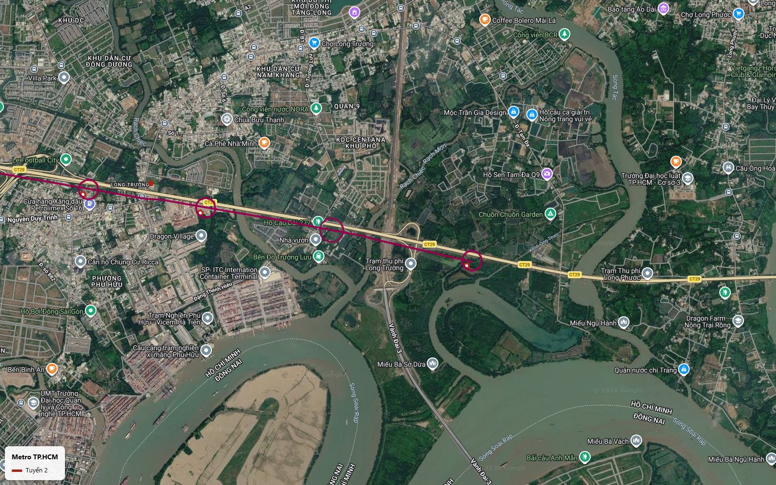Điểm cuối phía đông của tuyến metro số 2 TP.HCM tại Long Phước, Thủ Đức, gần trạm thu phí Long Trường và hành lang Vành đai 3